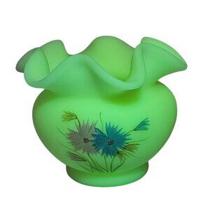 Fenton Satin Custand Rose Bowl Vase Vaseline Glass Aster Flowers Ruffled GLOWS!